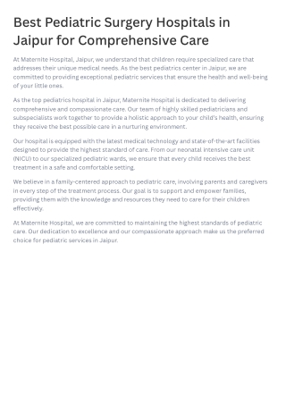 Comprehensive Pediatric Care at Maternite Hospital, Jaipur