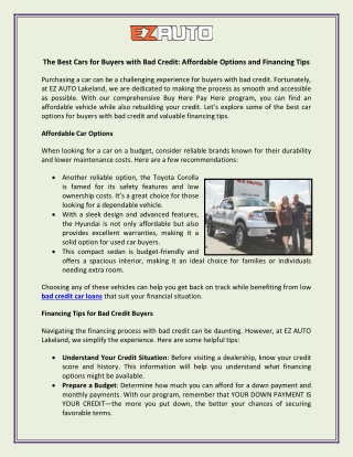 The Best Cars for Buyers with Bad Credit Affordable Options and Financing Tips