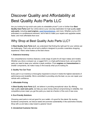 Discover Quality and Affordability at Best Quality Auto Parts LLC