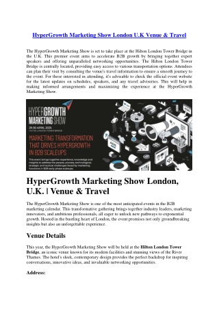 HyperGrowth Marketing Show London U.K Venue & Travel