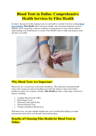 Blood Tests in Dallas: Comprehensive Health Services by Filos Health
