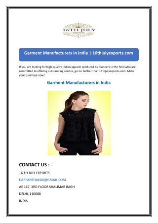 Garment Manufacturers In India  16thjulyexports