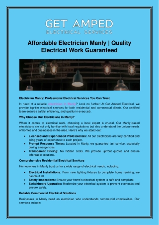 Affordable Electrician Manly -  Quality Electrical Work Guaranteed