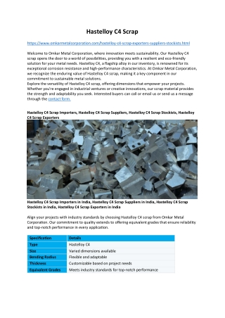 Hastelloy C4 Scrap Exporters