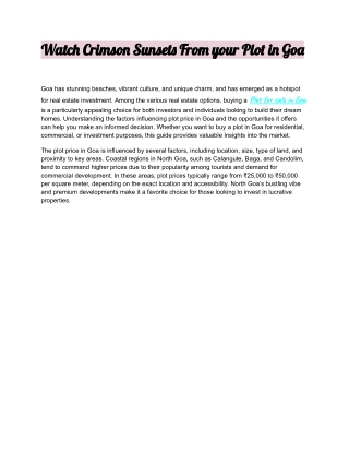 Make good decisions, get a Plot For Sale In Goa, make good investments