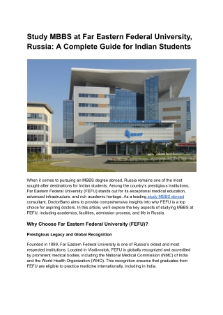 Study MBBS at Far Eastern Federal University, Russia: A Complete Guide