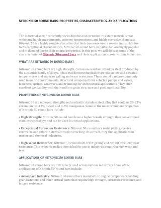 NITRONIC 50 ROUND BARS PROPERTIES, CHARACTERISTICS, AND APPLICATIONS