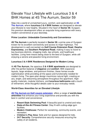 Elevate Your Lifestyle with Luxurious 3 & 4 BHK Homes at 4S The Aurrum