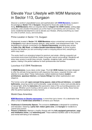 Elevate Your Lifestyle with M3M Mansions in Sector 113