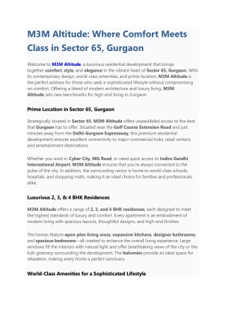 M3M Altitude Where Comfort Meets Class in Sector 65, Gurgaon