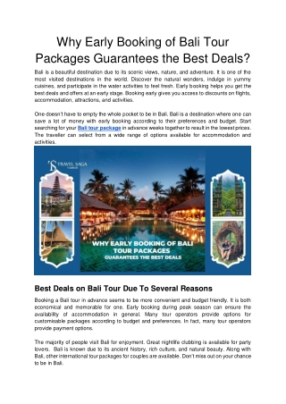 Why Early Booking of Bali Tour Packages Guarantees the Best Deals?