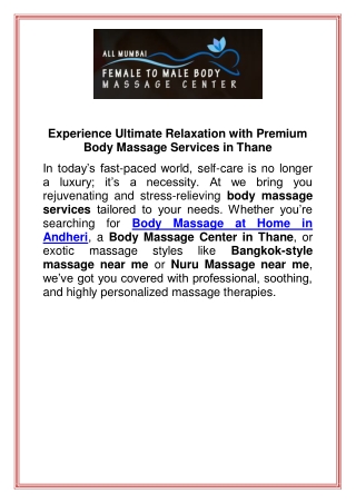 Experience Ultimate Relaxation with Premium Body Massage Services in Thane