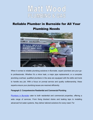 Reliable Plumber in Burnside for All Your Plumbing Needs