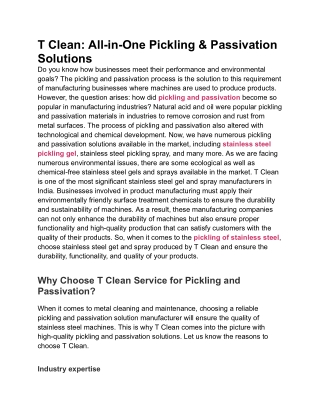 5 Reasons to Choose T Clean for Pickling and Passivation