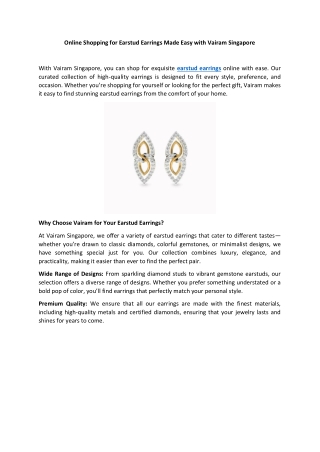 Online Shopping for Earstud Earrings Made Easy with Vairam Singapore