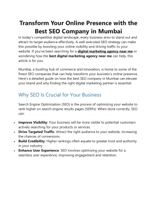Transform Your Online Presence with the Best SEO Company in Mumbai