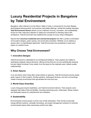 Luxury Residential Projects in Bangalore by Total Environment