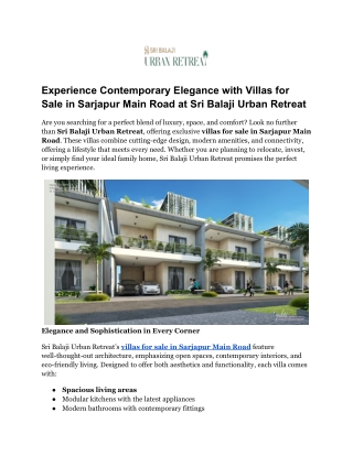Experience Contemporary Elegance with Villas for Sale in Sarjapur Main Road at Sri Balaji Urban Retreat