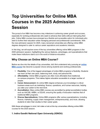 Top Universities for Online MBA Courses in the 2025 Admission Session
