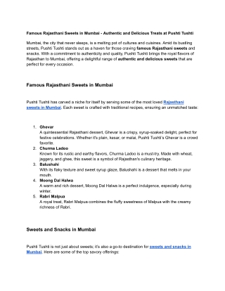 Famous Rajasthani Sweets in Mumbai - Authentic and Delicious Treats at Pushti Tushti