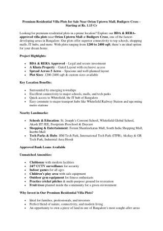 Premium Residential Villa Plots for Sale Near Orion Uptown Mall, Budigere Cross