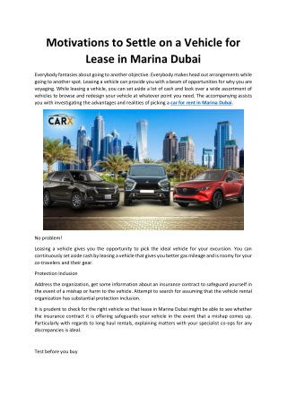 Motivations to Settle on a Vehicle for Lease in Marina Dubai
