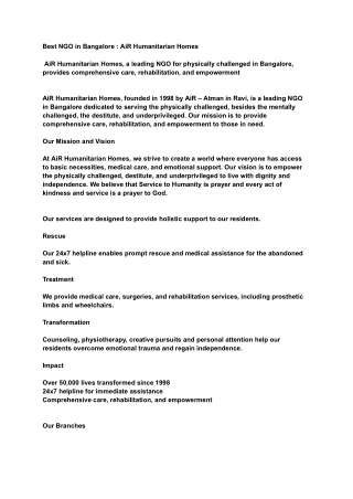 Best NGO in Bangalore | AiR Humanitarian Homes