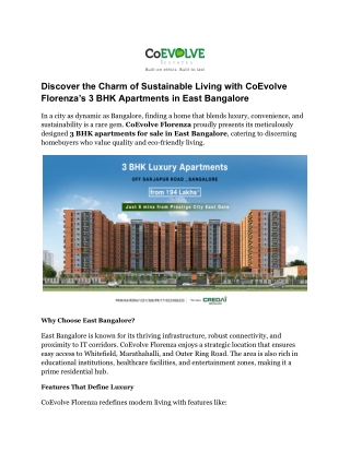 Discover the Charm of Sustainable Living with CoEvolve Florenza’s 3 BHK Apartments in East Bangalore