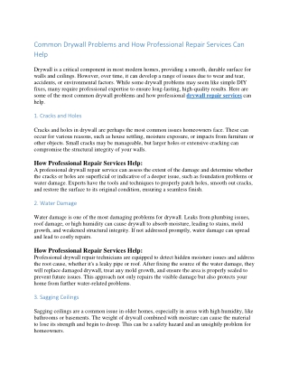 Common Drywall Problems and How Professional Repair Services Can Help