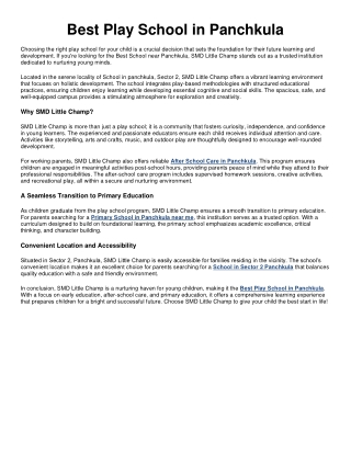 Best Play School in Panchkula