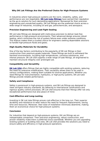 Why DK Lok Fittings Are the Preferred Choice for High-Pressure Systems