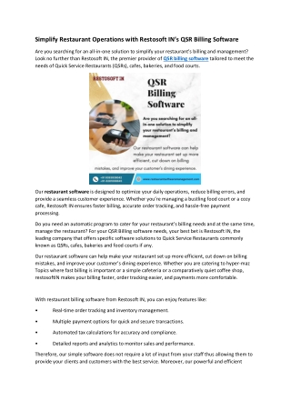 Simplify Restaurant Operations with Restosoft IN’s QSR Billing Software