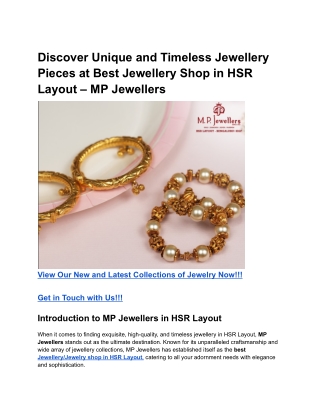 Discover Unique and Timeless Jewellery Pieces at Best Jewellery Shop in HSR Layout – MP Jewellers