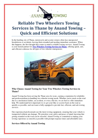 Fast and Efficient Two Wheelers Towing Services in Thane