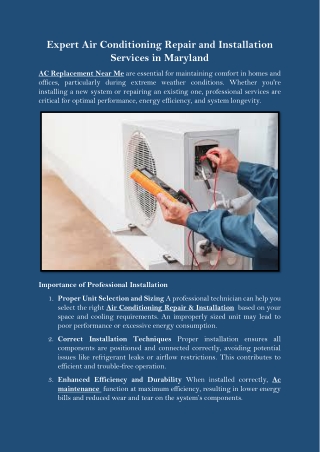 Expert Air Conditioning Repair and Installation Services in Maryland
