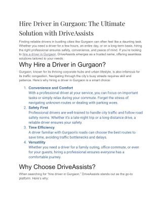 Hire Driver in Gurgaon: The Ultimate Solution with DriveAssists