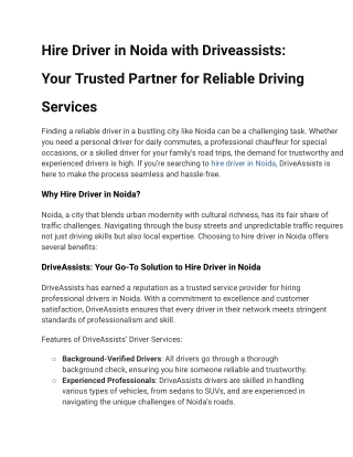 Hire Driver in Noida with Driveassists Your Trusted Partner for Reliable Driving Services