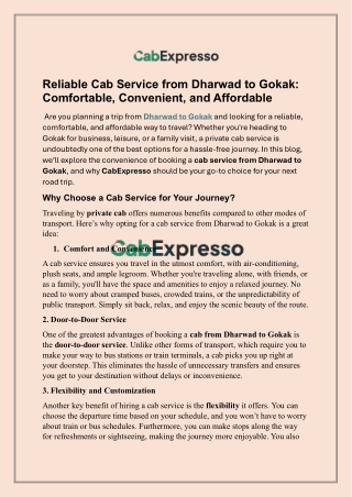 Reliable Cab Service from Dharwad to Gokak Comfortable, Convenient, and Affordable