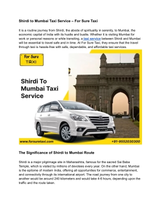 Shirdi to Mumbai Taxi Service – For Sure Taxi