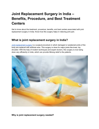 Joint Replacement Surgery in India – Benefits, Procedure, and Best Treatment Centers