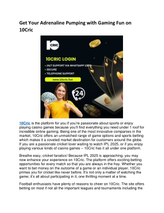 Get Your Adrenaline Pumping with Gaming Fun on 10Cric