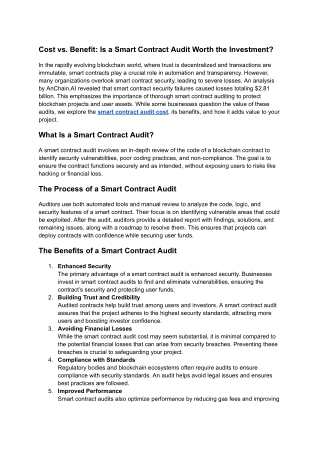 Smart Contract Audit Cost vs. Benefit: Is the Investment Worth It?