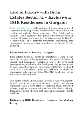 Live in Luxury with Birla Estates Sector 31