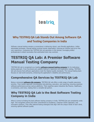 Why TESTRIQ QA Lab Stands Out Among Software QA and Testing Companies in India