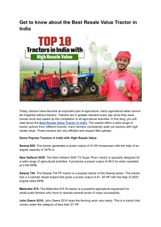 Get to know about the Best Resale Value Tractor in India