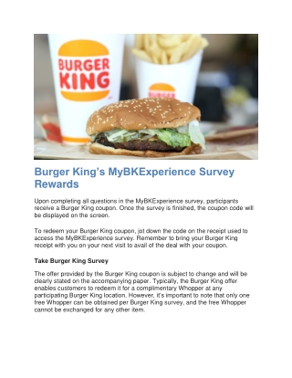 MyBKExperience – Burger King Survey– Free Whopper