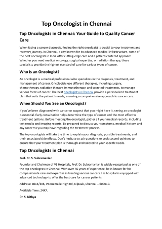 Top Oncologist in Chennai  dec10