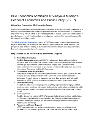 BSc Economics Admission at Vinayaka Mission's School of Economics and Public Policy (VSEP)