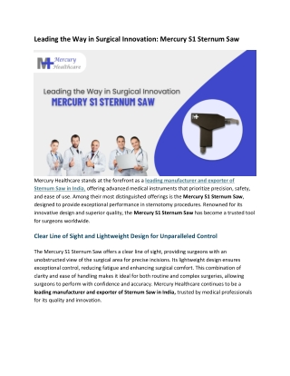 Leading the Way in Surgical Innovation Mercury S1 Sternum Saw