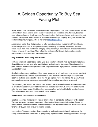 A Golden Opportunity To Buy Sea Facing Plot